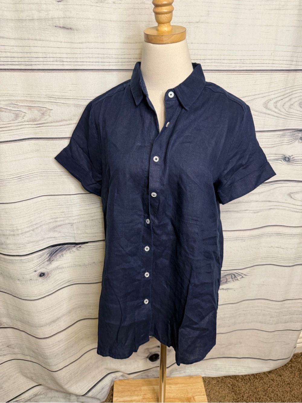 Quince Navy Short-Sleeve Linen Button-Down Shirt